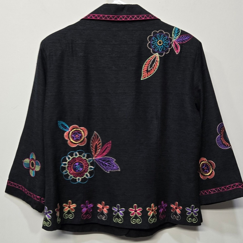 Vintage Y2K Floral Embroidered Shirt Top Large Black Silk Blend Boho Art To Wear - Picture 2 of 10